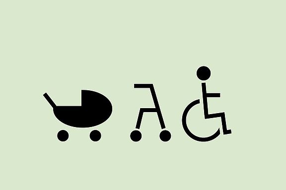Abbildung von Kinderwagen, Rollator und Rollstuhl  